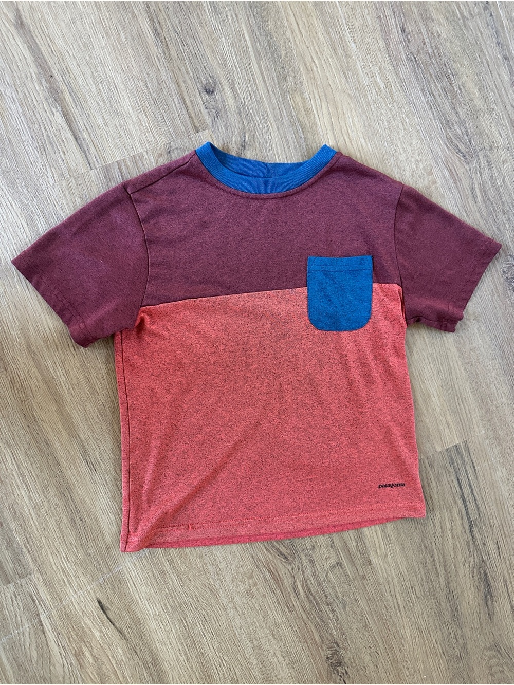 Patagonia Kids Colorblock Pocket Tee in Maroon, Red & Blue